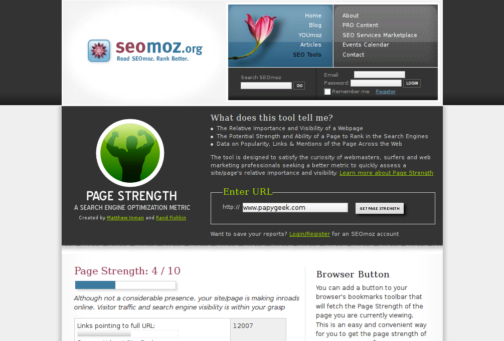 Phần mềm quản lý website SEOmoz’s Page Strength Tool