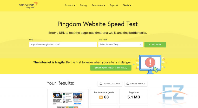 Đợi vài giây sẽ có kết quả kiểm tra tốc độ website trên Pingdom