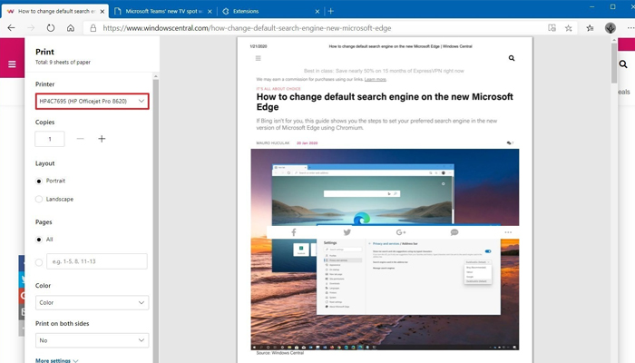 In trang web ra giấy từ trình duyệt Microsoft Edge